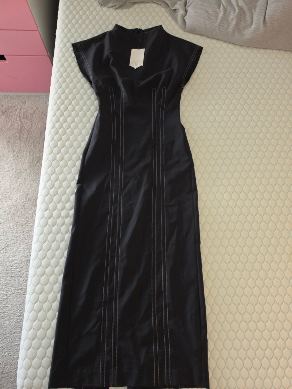 Zara Black Contrast Stitch Midi Dress XS New With Tags